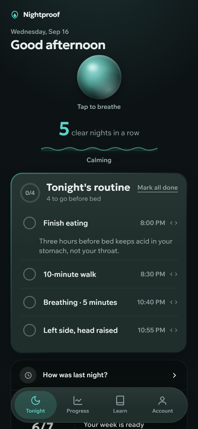Tonight — routine, streak, next step